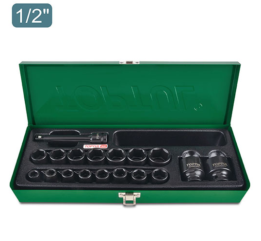 TOPTUL 18PCS 1/2" DR. 6PT Flank Impact Socket Set